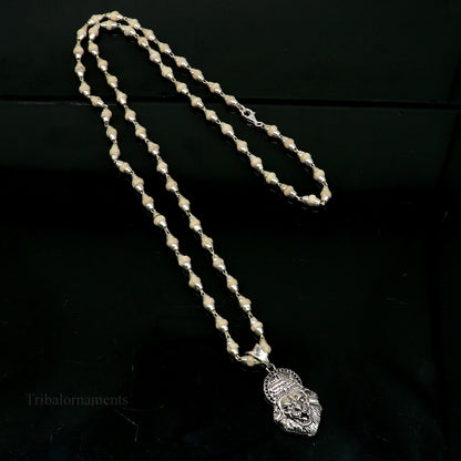 Holy Basil rosary necklace with 4mm solid silver beads and Lord Vishnu Narsimha pendant, featuring Tulsi mala from South India.