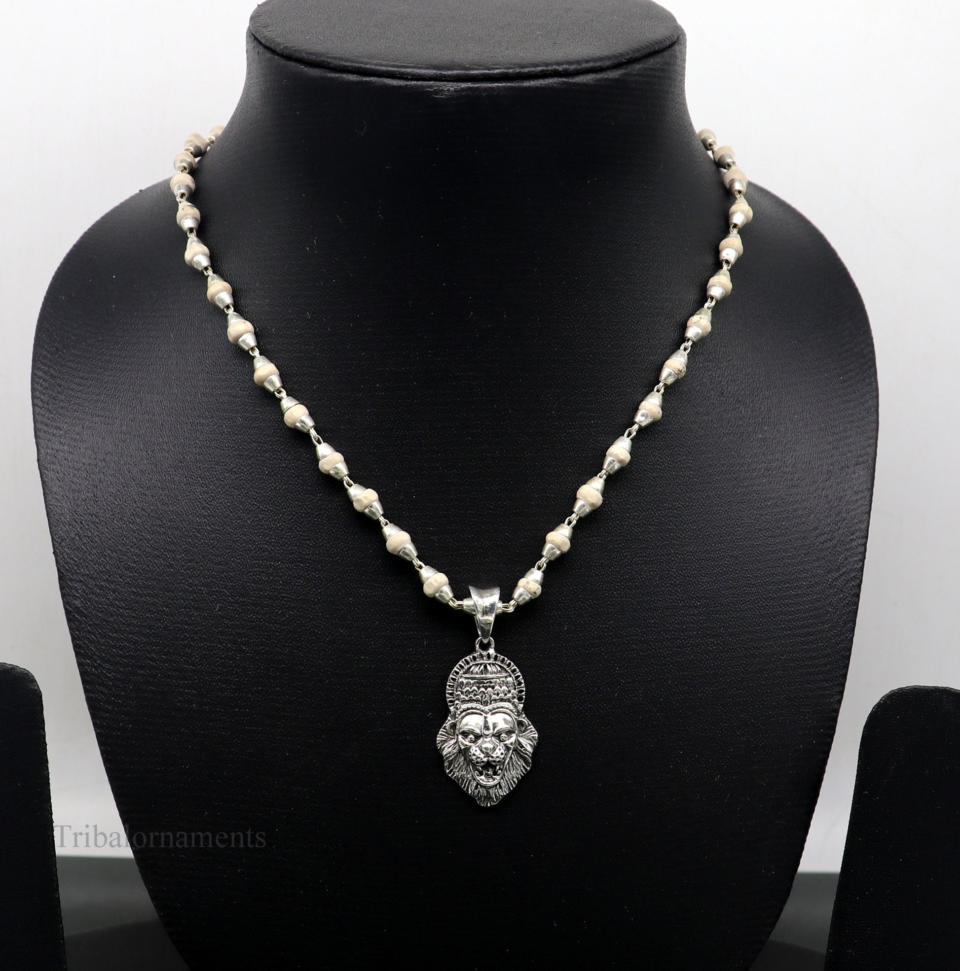 Holy Basil rosary 4 mm beads solid silver necklace with amazing south india lord vishnu narsimha pendant with tulsi mala from india set43 - TRIBAL ORNAMENTS