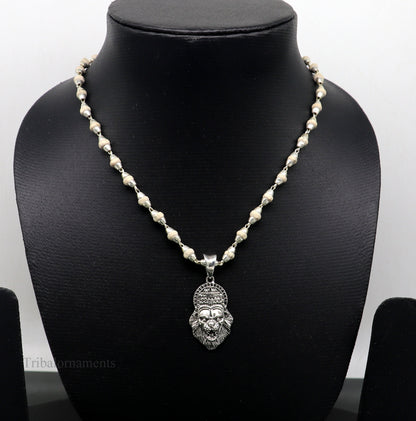 Holy Basil rosary necklace with 4mm solid silver beads, Lord Vishnu Narsimha pendant, and Tulsi mala from South India.