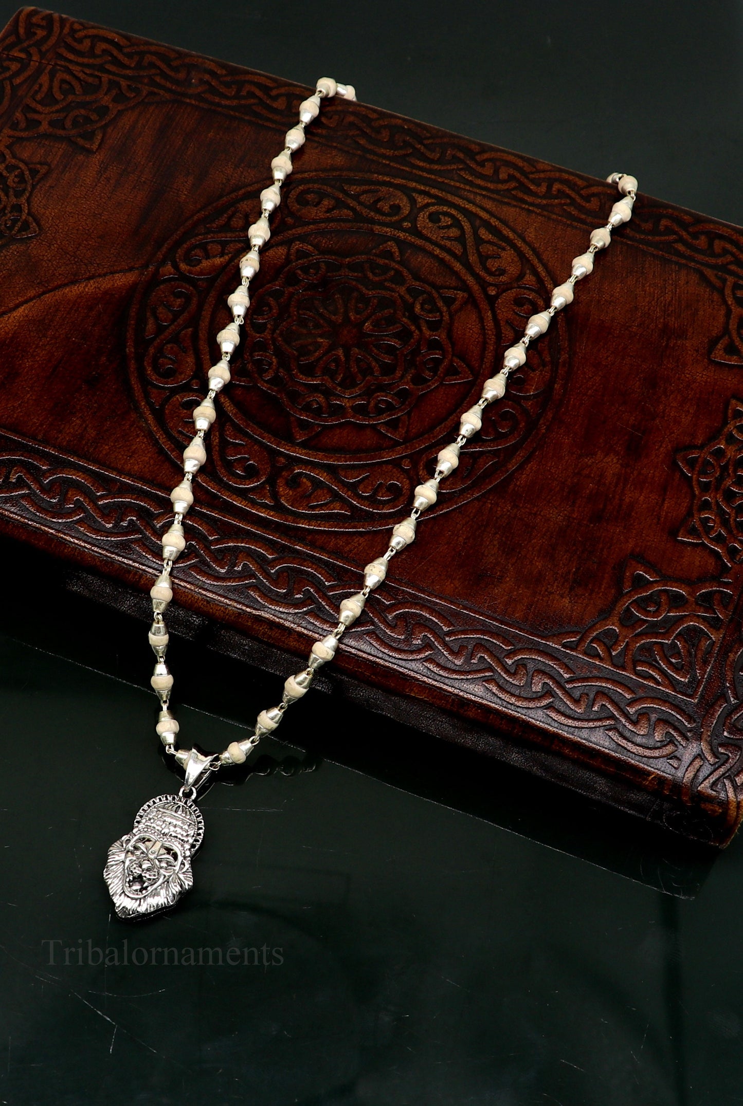 Holy Basil rosary 4 mm beads solid silver necklace with amazing south india lord vishnu narsimha pendant with tulsi mala from india set43 - TRIBAL ORNAMENTS