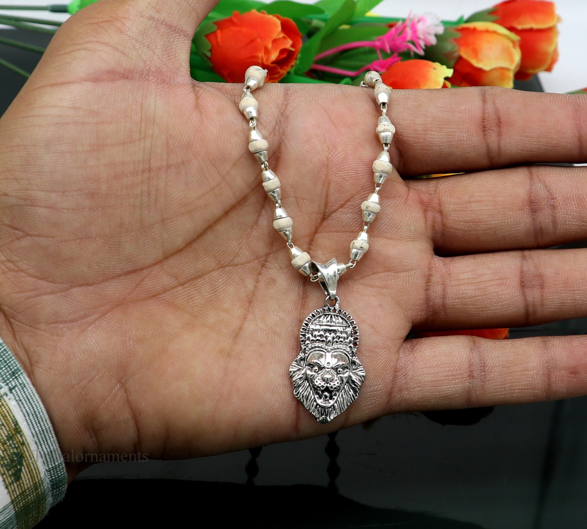 Holy Basil rosary 4 mm beads solid silver necklace with amazing south india lord vishnu narsimha pendant with tulsi mala from india set43 - TRIBAL ORNAMENTS