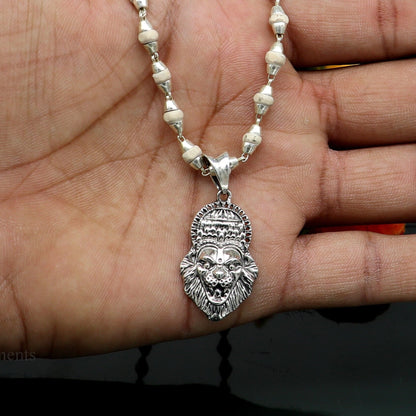 Holy Basil rosary necklace with 4mm solid silver beads, Lord Vishnu Narsimha pendant, and Tulsi mala from India by Tribal Ornaments.