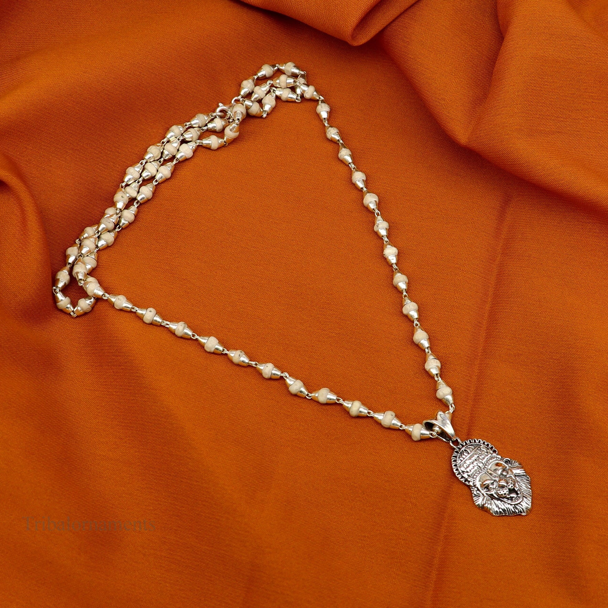 Holy Basil rosary 4 mm beads solid silver necklace with amazing south india lord vishnu narsimha pendant with tulsi mala from india set43 - TRIBAL ORNAMENTS