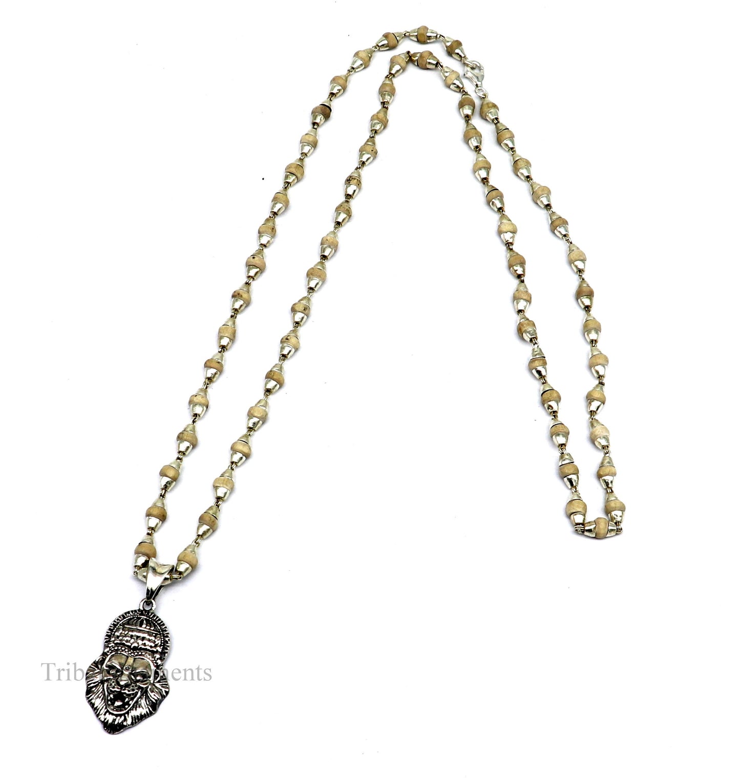 Holy Basil rosary 4 mm beads solid silver necklace with amazing south india lord vishnu narsimha pendant with tulsi mala from india set43 - TRIBAL ORNAMENTS