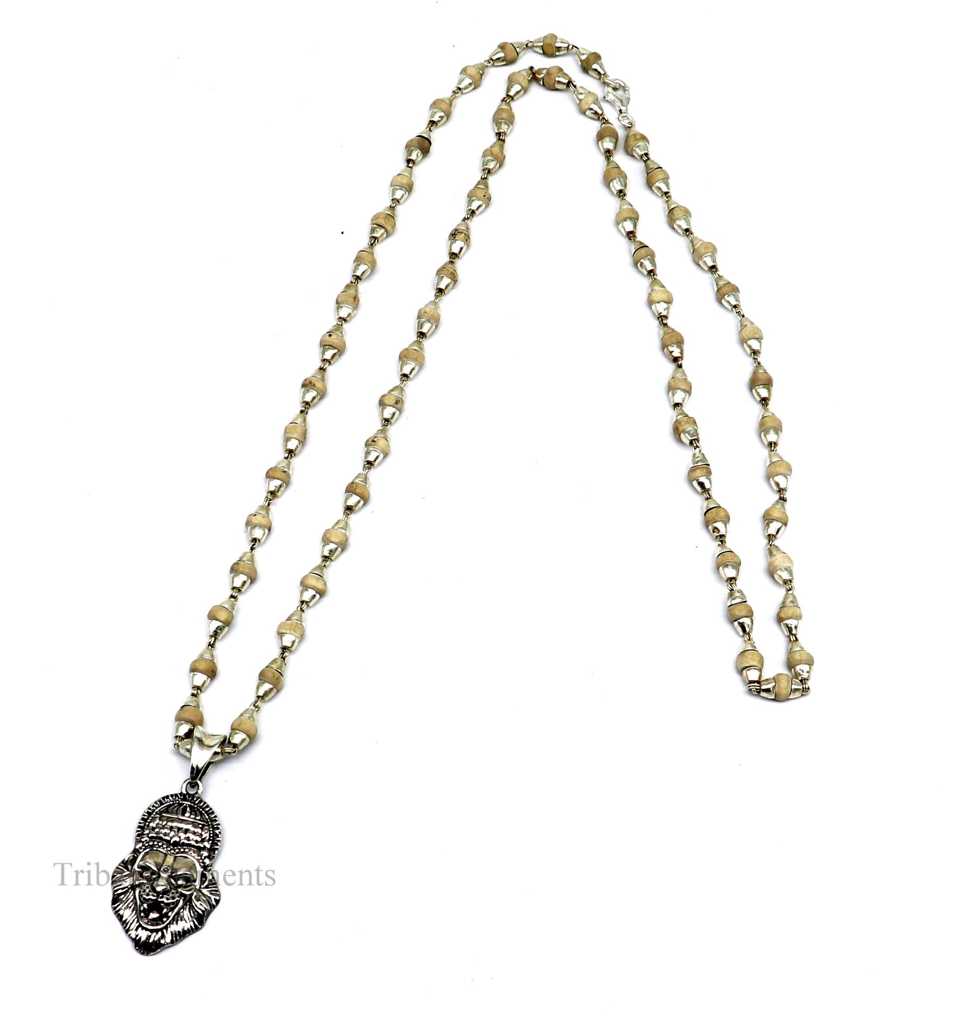 Holy Basil rosary 4 mm beads solid silver necklace with amazing south india lord vishnu narsimha pendant with tulsi mala from india set43 - TRIBAL ORNAMENTS