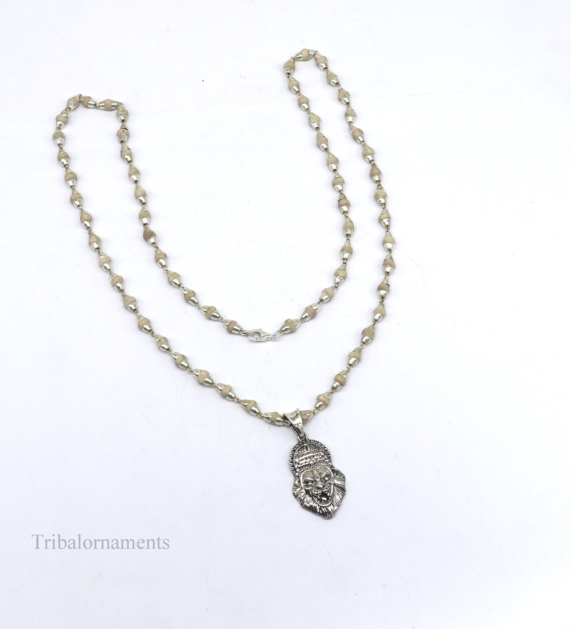 Holy Basil rosary 4 mm beads solid silver necklace with amazing south india lord vishnu narsimha pendant with tulsi mala from india set43 - TRIBAL ORNAMENTS