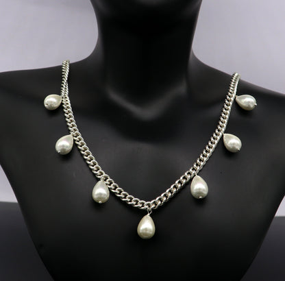925 sterling silver handmade charm curb Cuban link chain necklace with hanging pearl, stylish bridesmaid gift jewelry by TRIBAL ORNAMENTS