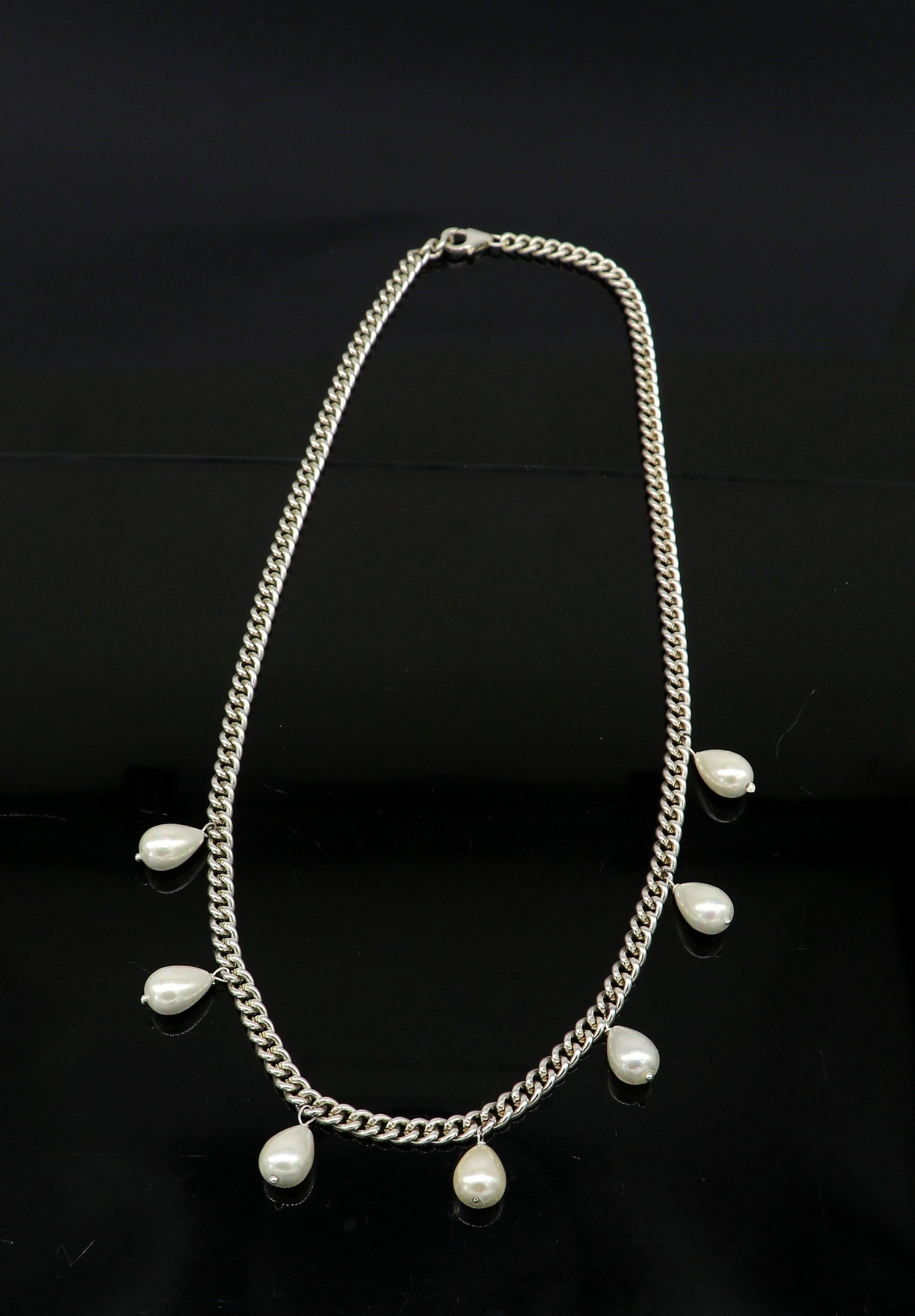 925 sterling silver handmade charm curb cuban link chain necklace, excellent hanging pearl necklace, stylish bridesmaid gift jewelry set146 - TRIBAL ORNAMENTS