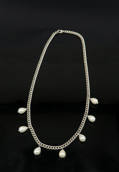 925 sterling silver handmade charm curb Cuban link chain necklace with hanging pearl, stylish bridesmaid gift jewelry by TRIBAL ORNAMENTS