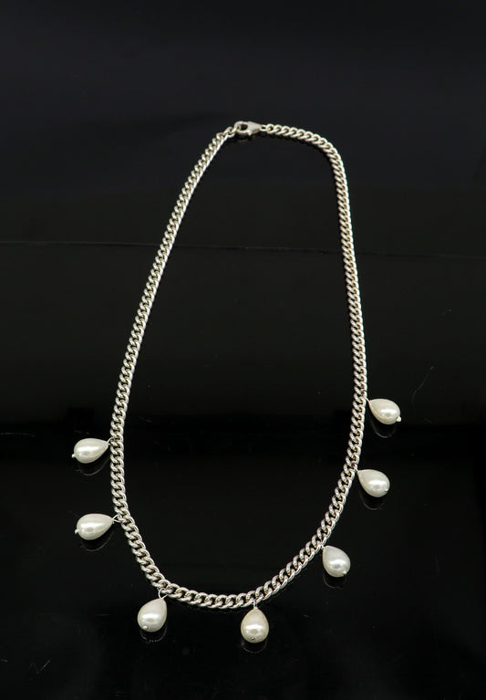 925 sterling silver handmade charm curb cuban link chain necklace, excellent hanging pearl necklace, stylish bridesmaid gift jewelry set146 - TRIBAL ORNAMENTS