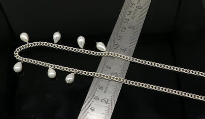 Sterling silver handmade charm curb Cuban link chain necklace with hanging pearl, stylish bridesmaid gift jewelry by TRIBAL ORNAMENTS