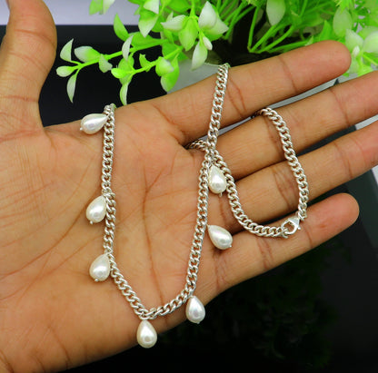 925 sterling silver handmade charm curb Cuban link chain necklace with hanging pearl, stylish bridesmaid gift jewelry by TRIBAL ORNAMENTS