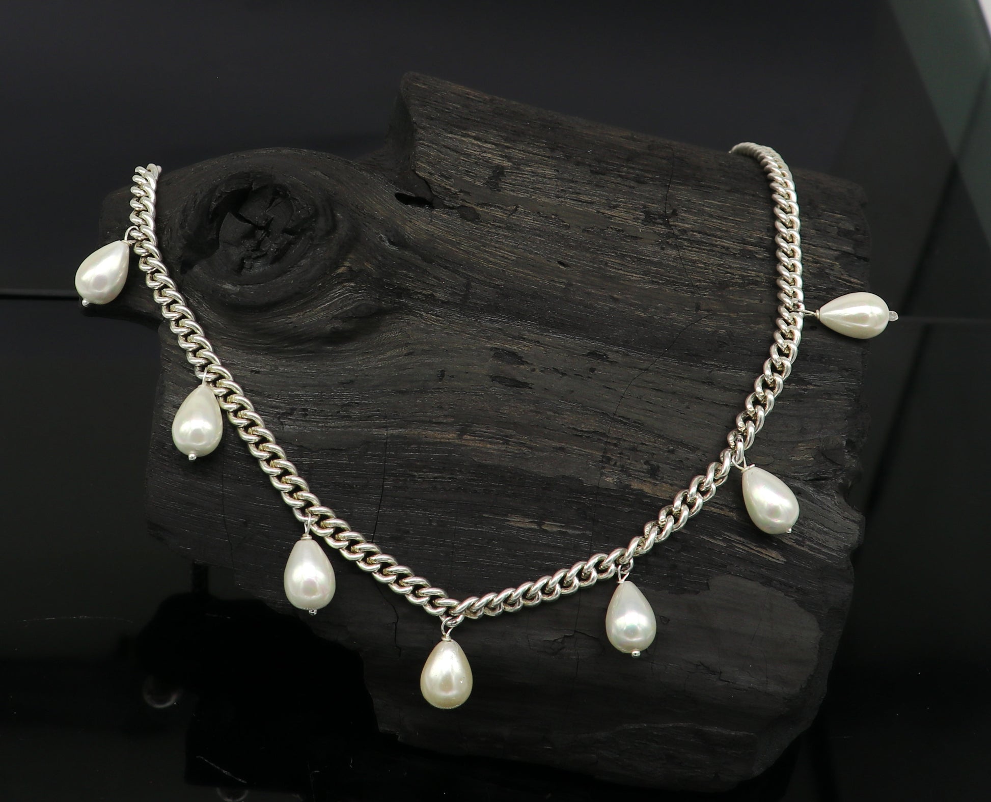 925 sterling silver handmade charm curb cuban link chain necklace, excellent hanging pearl necklace, stylish bridesmaid gift jewelry set146 - TRIBAL ORNAMENTS