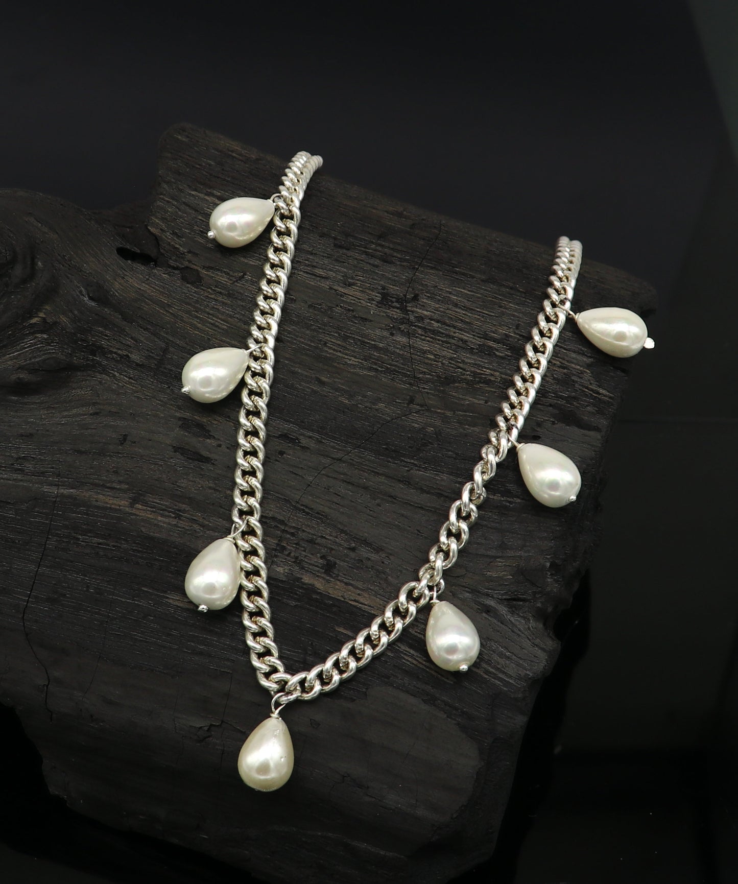 925 sterling silver handmade charm curb cuban link chain necklace, excellent hanging pearl necklace, stylish bridesmaid gift jewelry set146 - TRIBAL ORNAMENTS