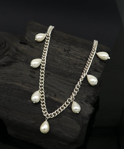 925 sterling silver handmade charm curb Cuban link chain necklace with hanging pearl, stylish bridesmaid jewelry by Tribal Ornaments