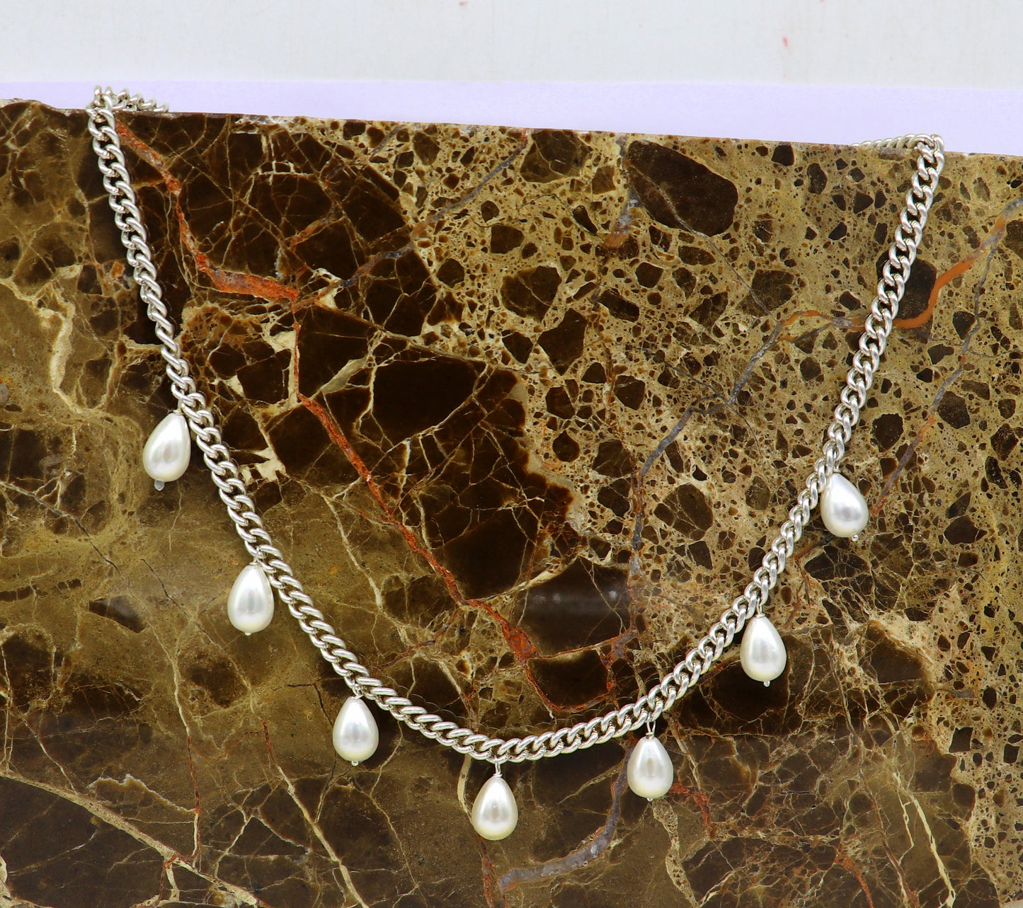 925 sterling silver handmade charm curb cuban link chain necklace, excellent hanging pearl necklace, stylish bridesmaid gift jewelry set146 - TRIBAL ORNAMENTS