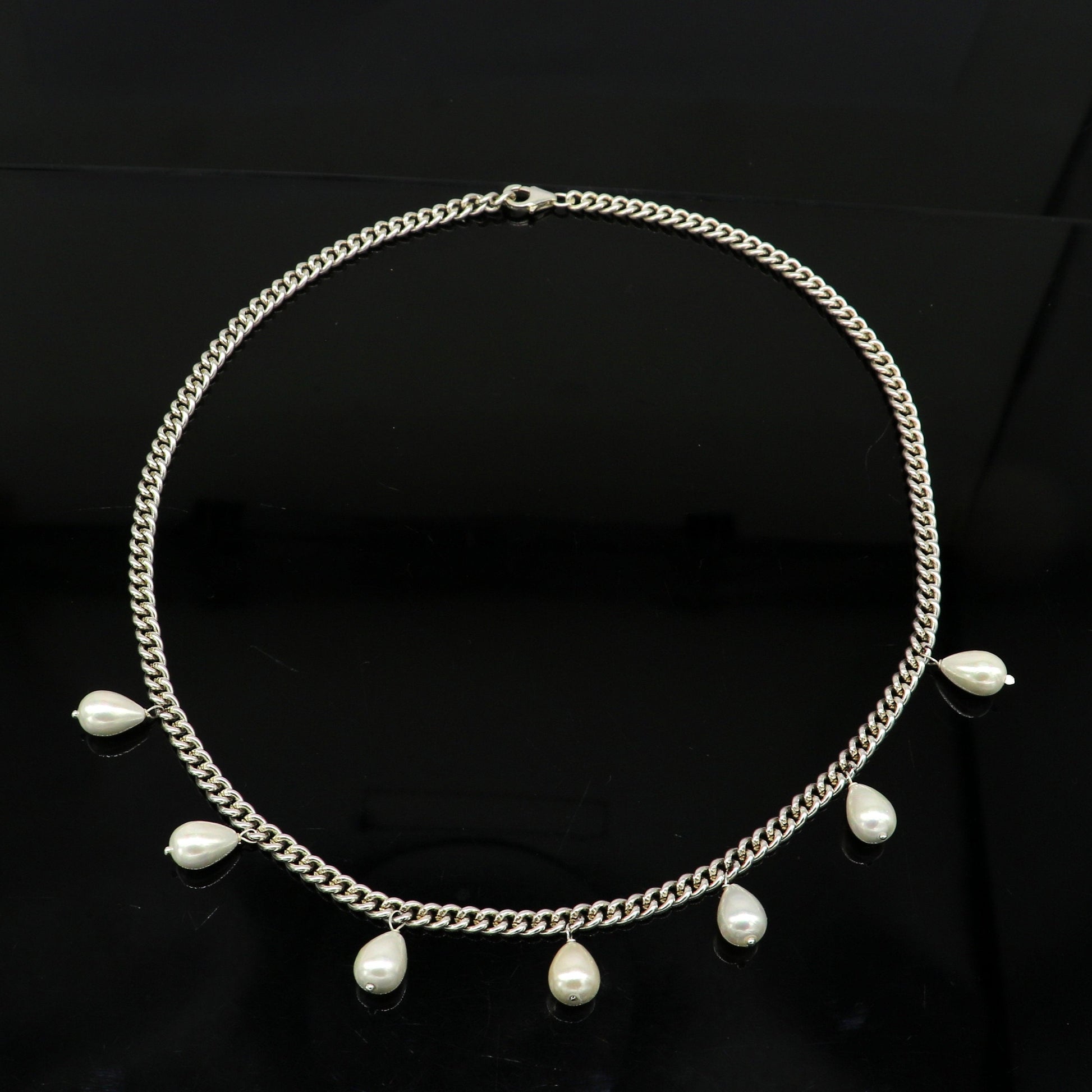 925 sterling silver handmade charm curb cuban link chain necklace, excellent hanging pearl necklace, stylish bridesmaid gift jewelry set146 - TRIBAL ORNAMENTS