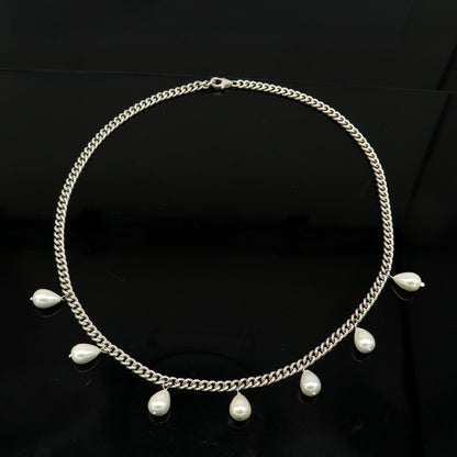 925 sterling silver handmade charm curb Cuban link chain necklace with hanging pearl, stylish bridesmaid gift jewelry set by TRIBAL ORNAMENTS