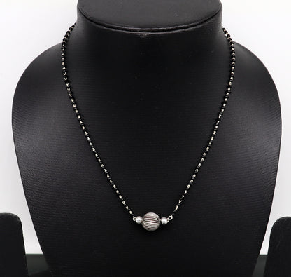 Sterling silver black beads mangalsutra necklace set with vintage ball pendant, traditional bridal jewelry by Tribal Ornaments.