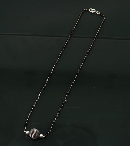 Pure 925 sterling silver black beads mangalsutra necklace set with vintage ball pendant, traditional bridal jewelry by TRIBAL ORNAMENTS