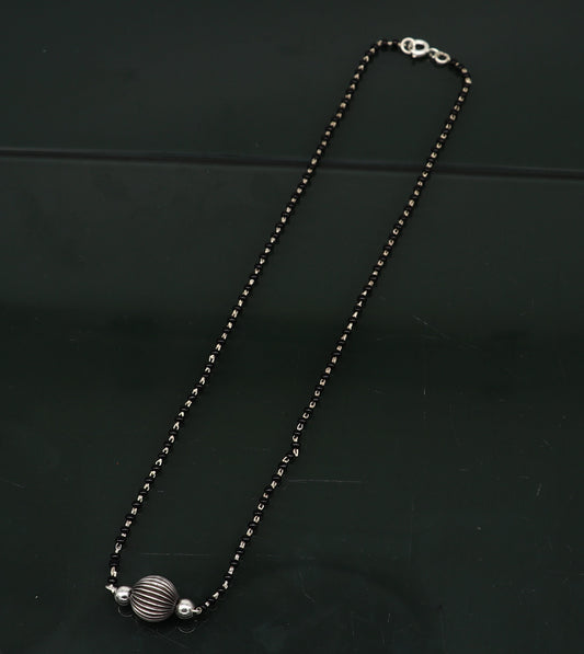 Pure 925 sterling silver black beads mangalsutra necklace set with vintage ball pendant, traditional bridal jewelry by TRIBAL ORNAMENTS