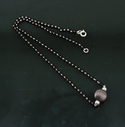 Pure 925 sterling silver black beads mangalsutra necklace set with vintage ball pendant for brides, traditional tribal jewelry style.