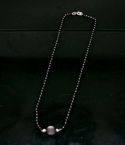 Pure 925 sterling silver black beads chain with vintage ball pendant, traditional bridal Mangalsutra necklace set by TRIBAL ORNAMENTS.