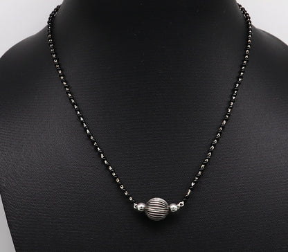 Pure 925 sterling silver black beads mangalsutra necklace set with vintage ball pendant, traditional bridal jewelry by TRIBAL ORNAMENTS.