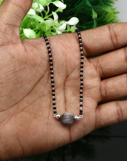 Pure 925 sterling silver black beads mangalsutra necklace set with vintage ball pendant, traditional style for brides.