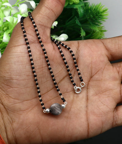 Sterling silver black beads mangalsutra necklace set with vintage ball pendant for brides, traditional tribal design by TRIBAL ORNAMENTS.