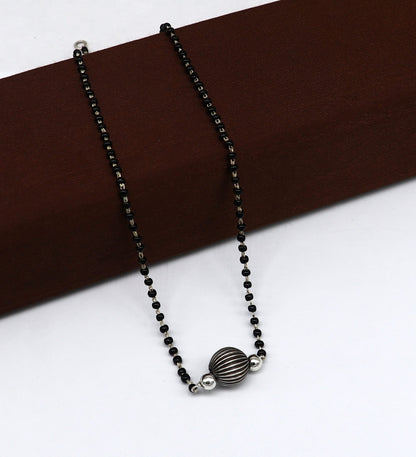 Pure 925 sterling silver black beads Mangalsutra necklace set with vintage ball pendant for brides, traditional tribal style.