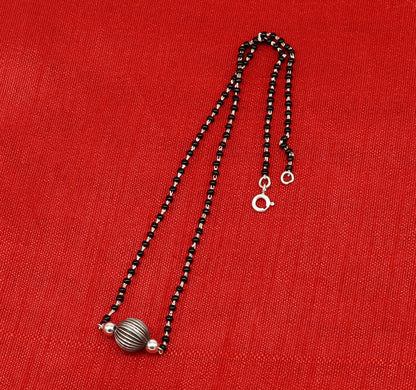 Pure 925 sterling silver black beads chain mangalsutra necklace set with vintage ball pendant for brides by TRIBAL ORNAMENTS.
