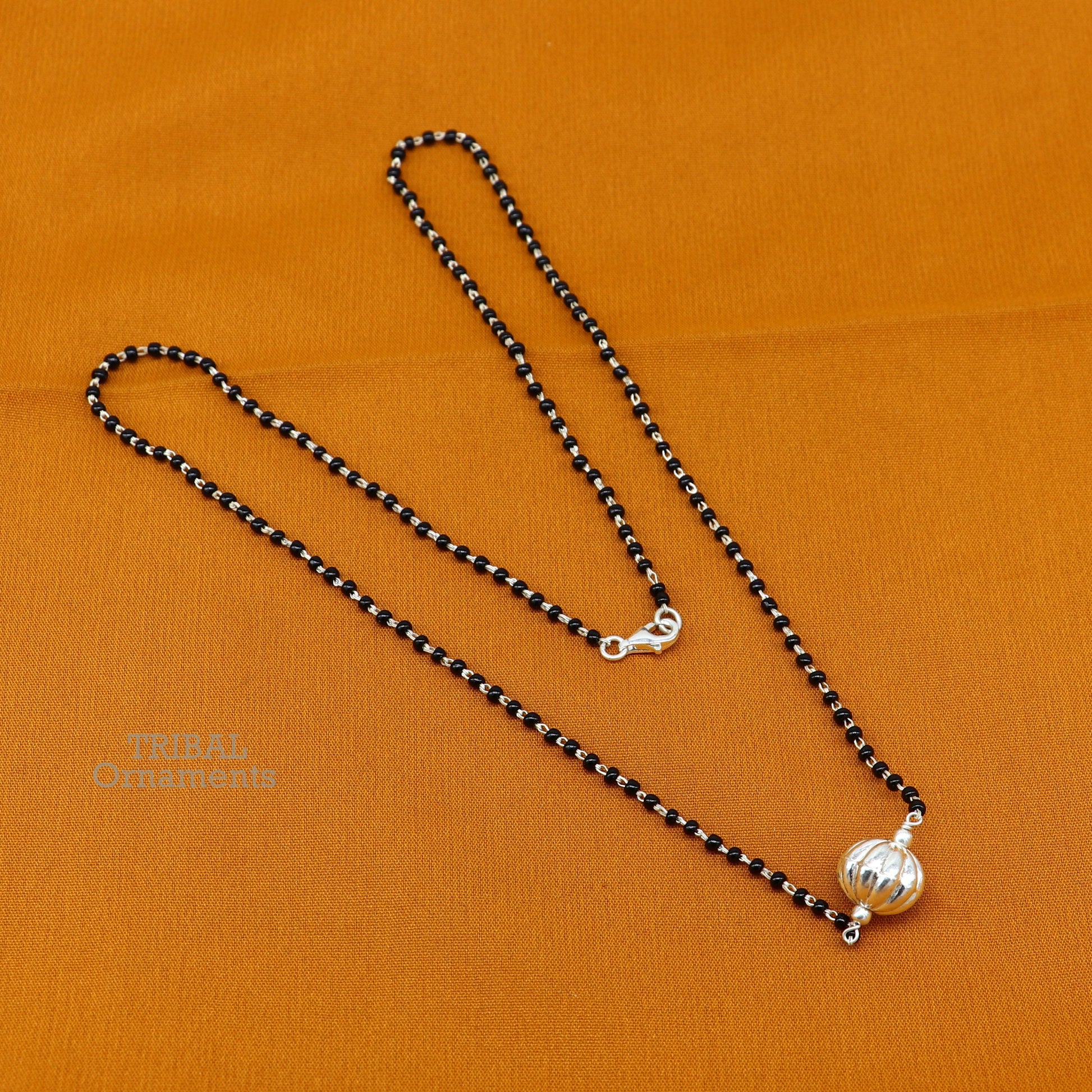 Pure 925 sterling silver black beads chain necklace, vintage ball pendant, traditional style brides Mangalsutra necklace set444 - TRIBAL ORNAMENTS