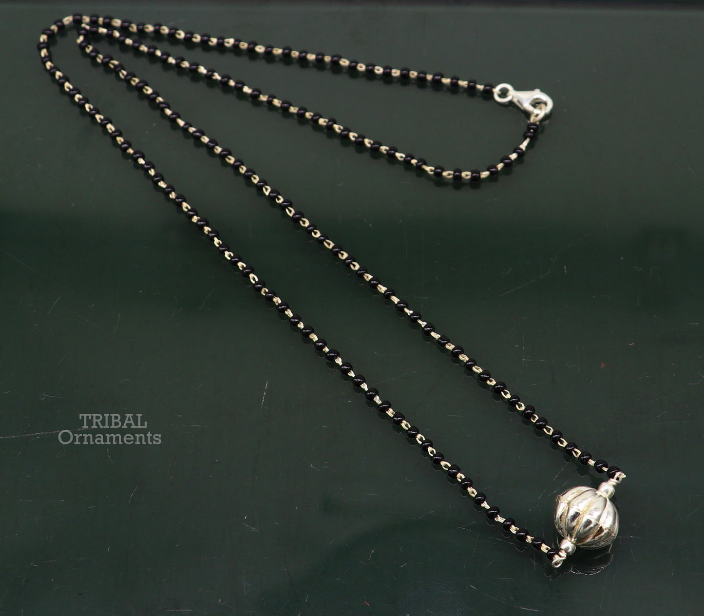 Pure 925 sterling silver black beads chain necklace, vintage ball pendant, traditional style brides Mangalsutra necklace set444 - TRIBAL ORNAMENTS