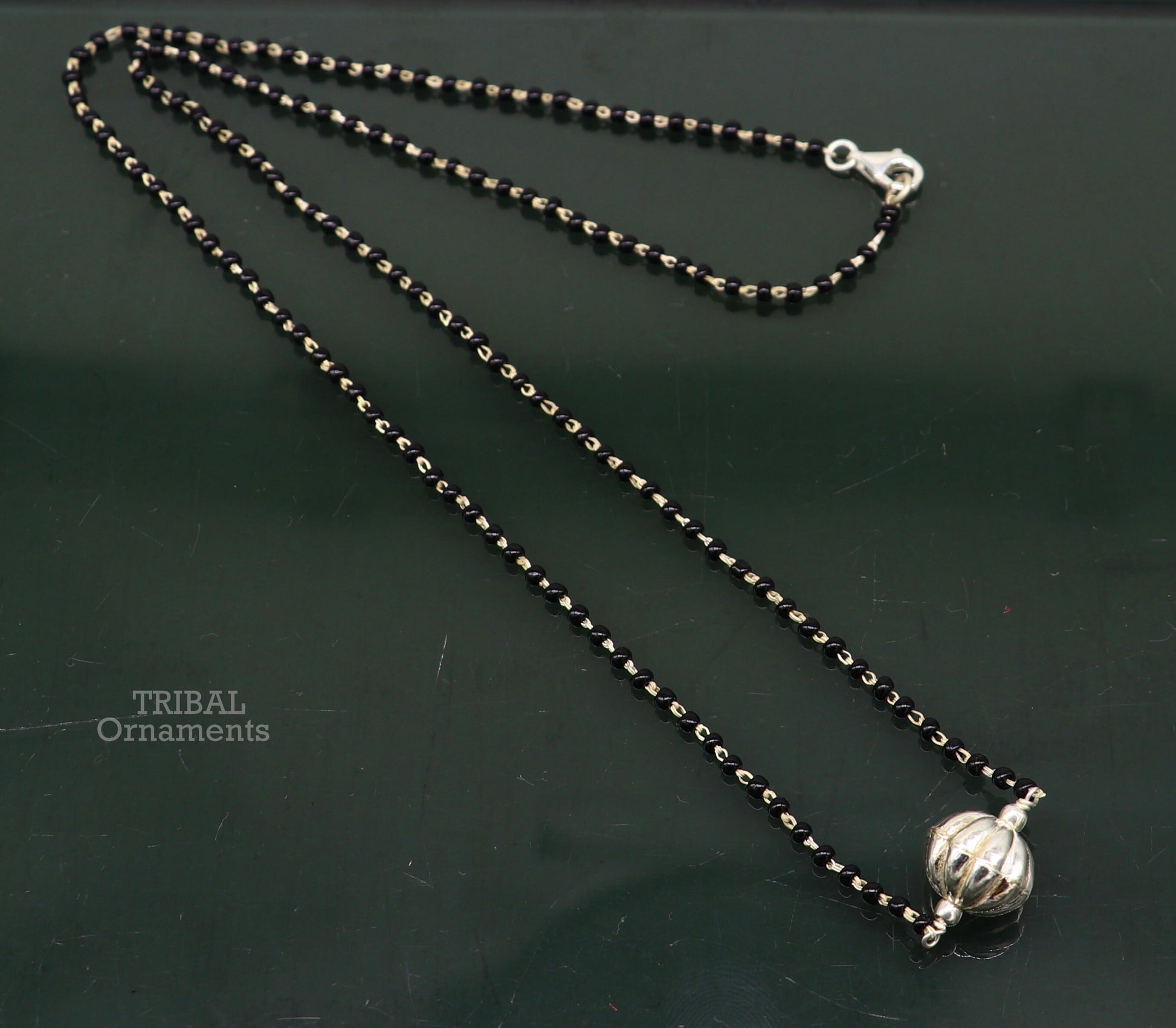 Pure 925 sterling silver black beads chain necklace, vintage ball pendant, traditional style brides Mangalsutra necklace set444 - TRIBAL ORNAMENTS