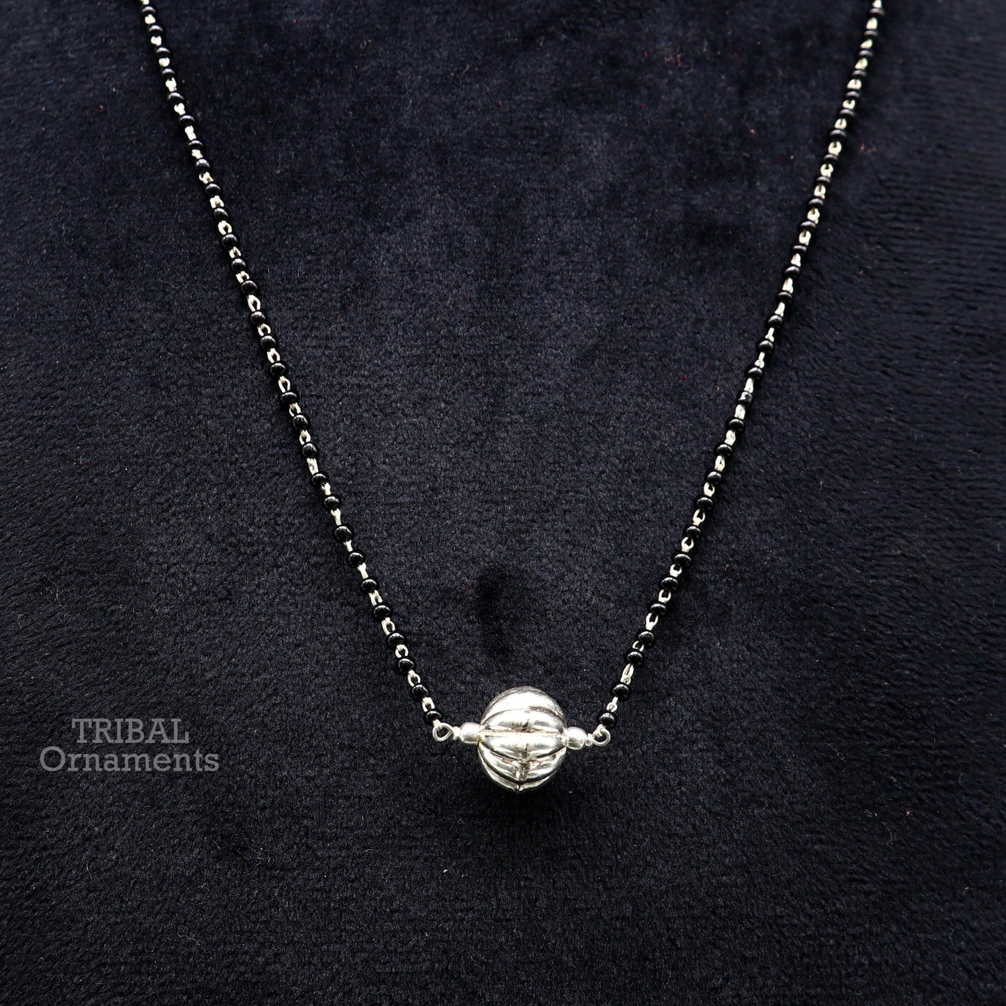 Pure 925 sterling silver black beads chain necklace, vintage ball pendant, traditional style brides Mangalsutra necklace set444 - TRIBAL ORNAMENTS