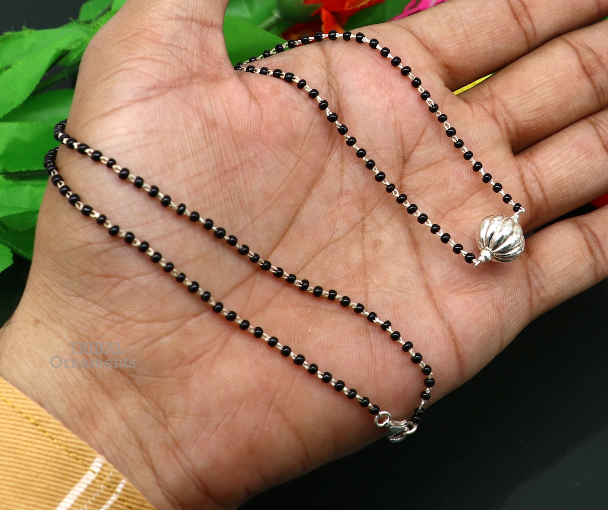 Pure 925 sterling silver black beads chain necklace, vintage ball pendant, traditional style brides Mangalsutra necklace set444 - TRIBAL ORNAMENTS