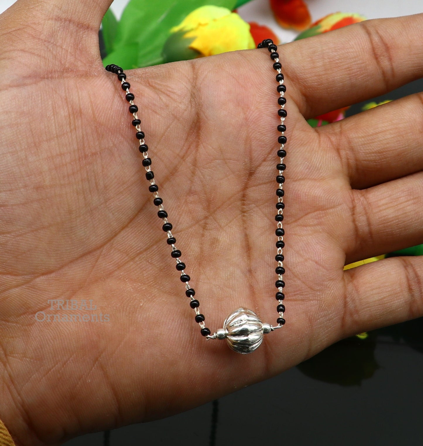 Pure 925 sterling silver black beads chain necklace, vintage ball pendant, traditional style brides Mangalsutra necklace set444 - TRIBAL ORNAMENTS