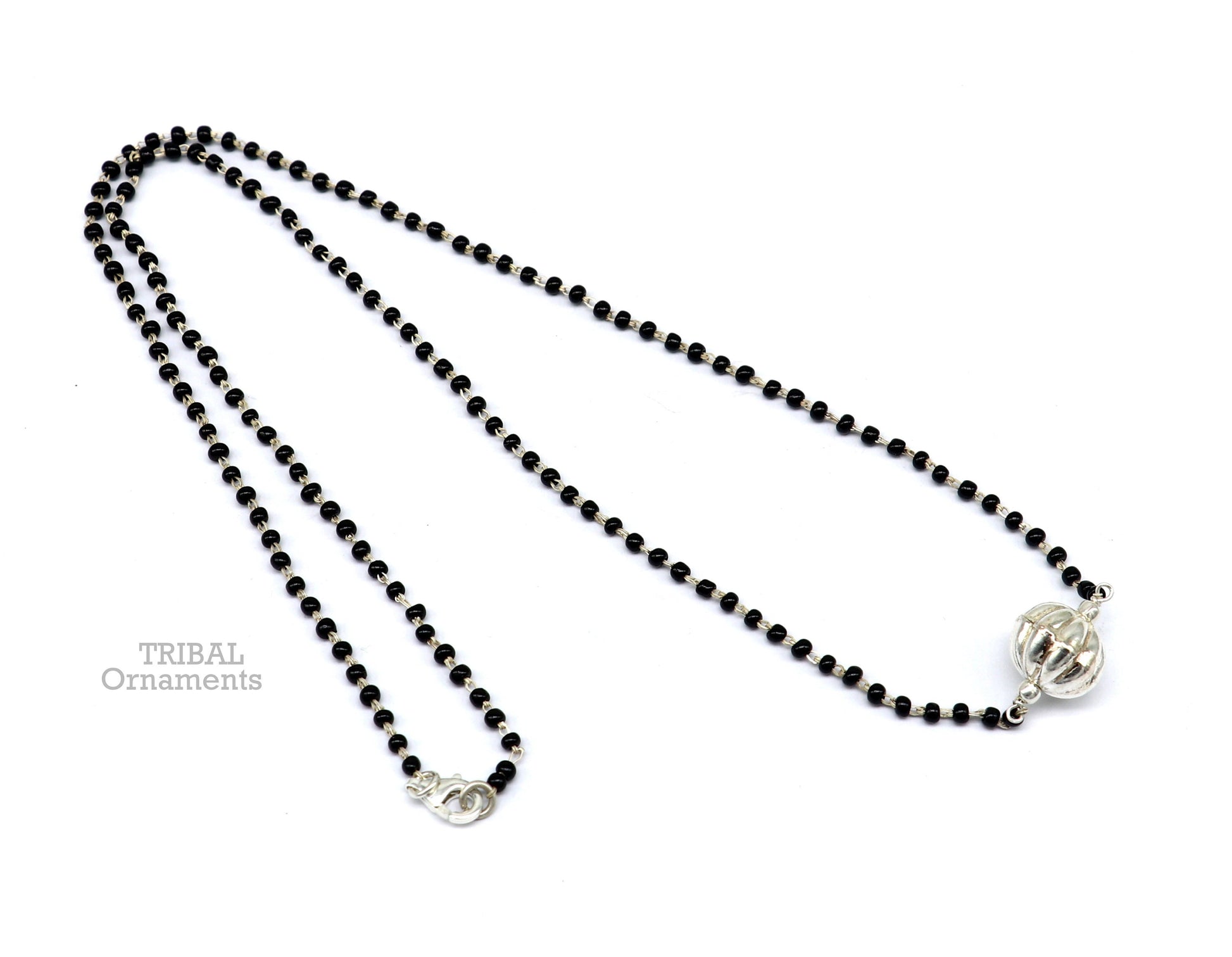 Pure 925 sterling silver black beads chain necklace, vintage ball pendant, traditional style brides Mangalsutra necklace set444 - TRIBAL ORNAMENTS