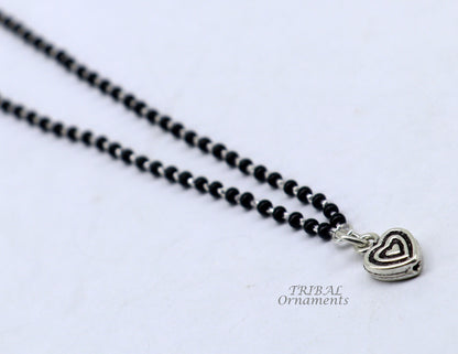 Pure 925 sterling silver black beads chain necklace with vintage-style pendant, traditional brides Mangalsutra by TRIBAL ORNAMENTS.