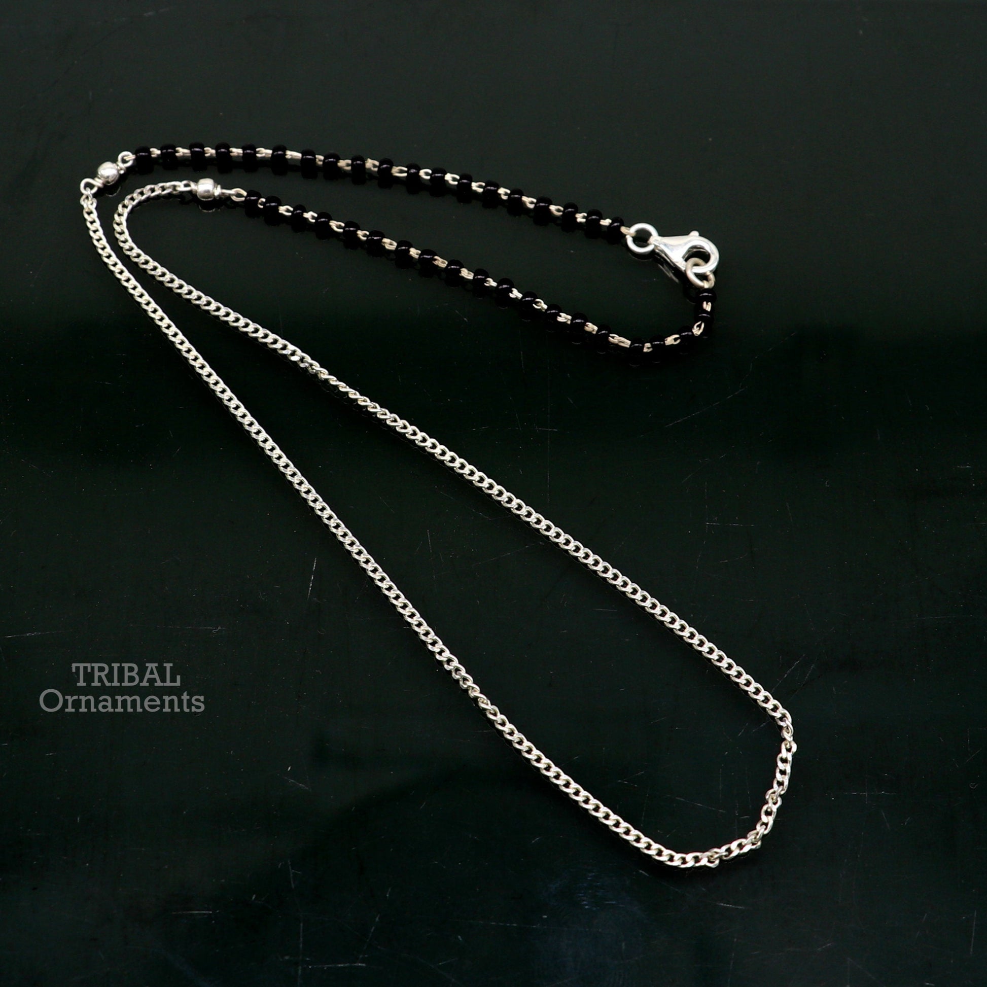Pure 925 sterling silver black beads with Cuban chain necklace, traditional style brides Mangalsutra style chain necklace set446 - TRIBAL ORNAMENTS