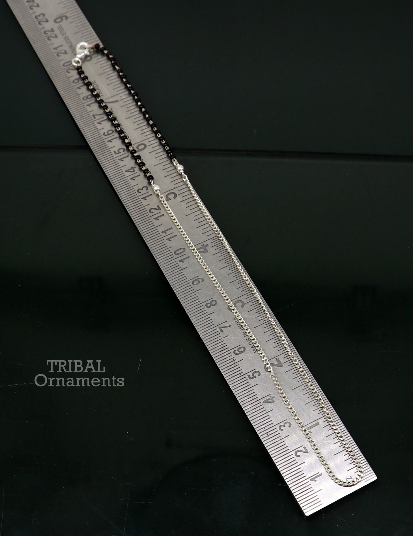 Pure 925 sterling silver black beads with Cuban chain necklace, traditional style brides Mangalsutra style chain necklace set446 - TRIBAL ORNAMENTS