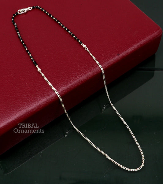 Sterling silver black beads Mangalsutra necklace set with Cuban chain, traditional bridal jewelry by TRIBAL ORNAMENTS.
