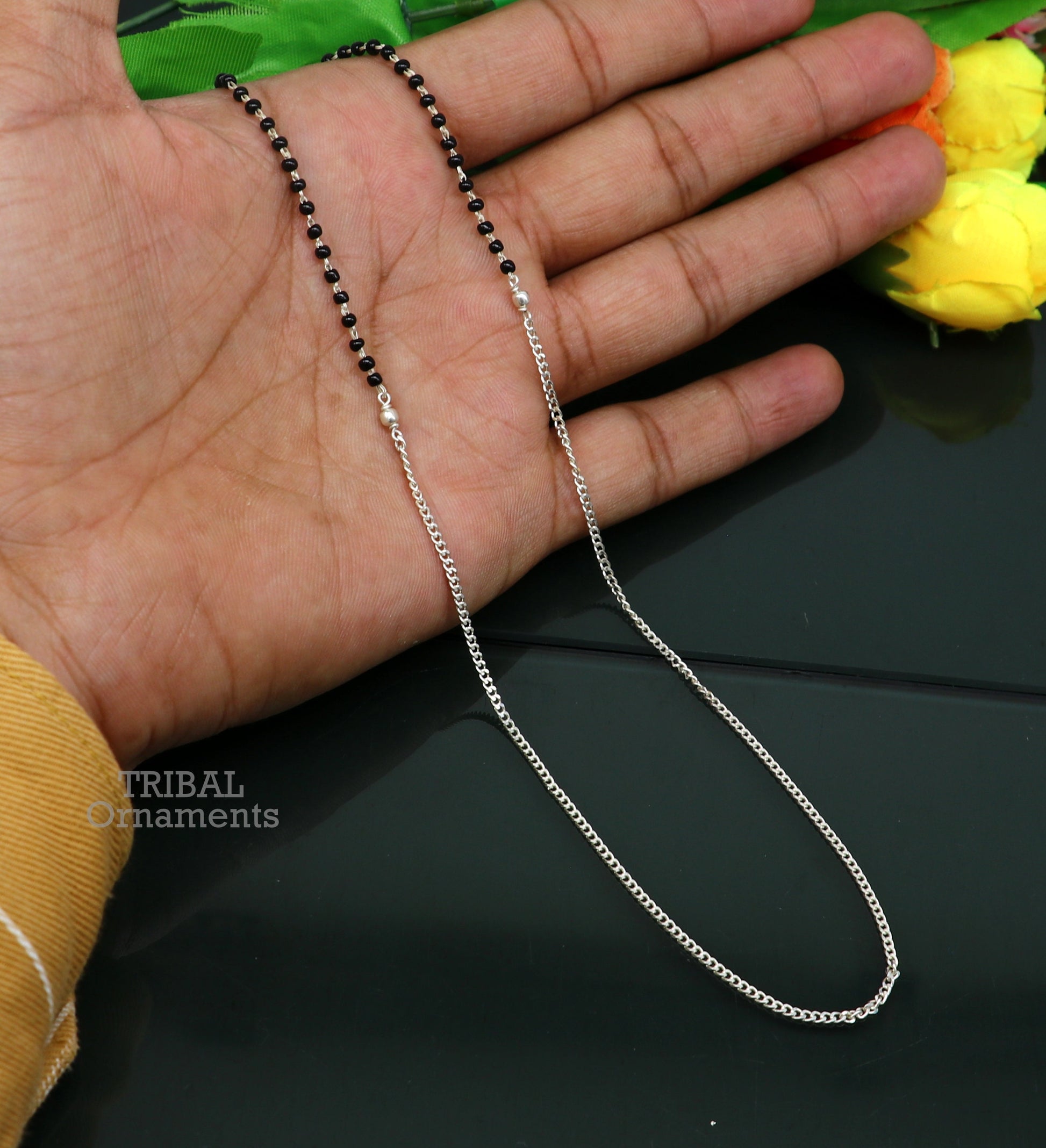 Pure 925 sterling silver black beads with Cuban chain necklace, traditional style brides Mangalsutra style chain necklace set446 - TRIBAL ORNAMENTS