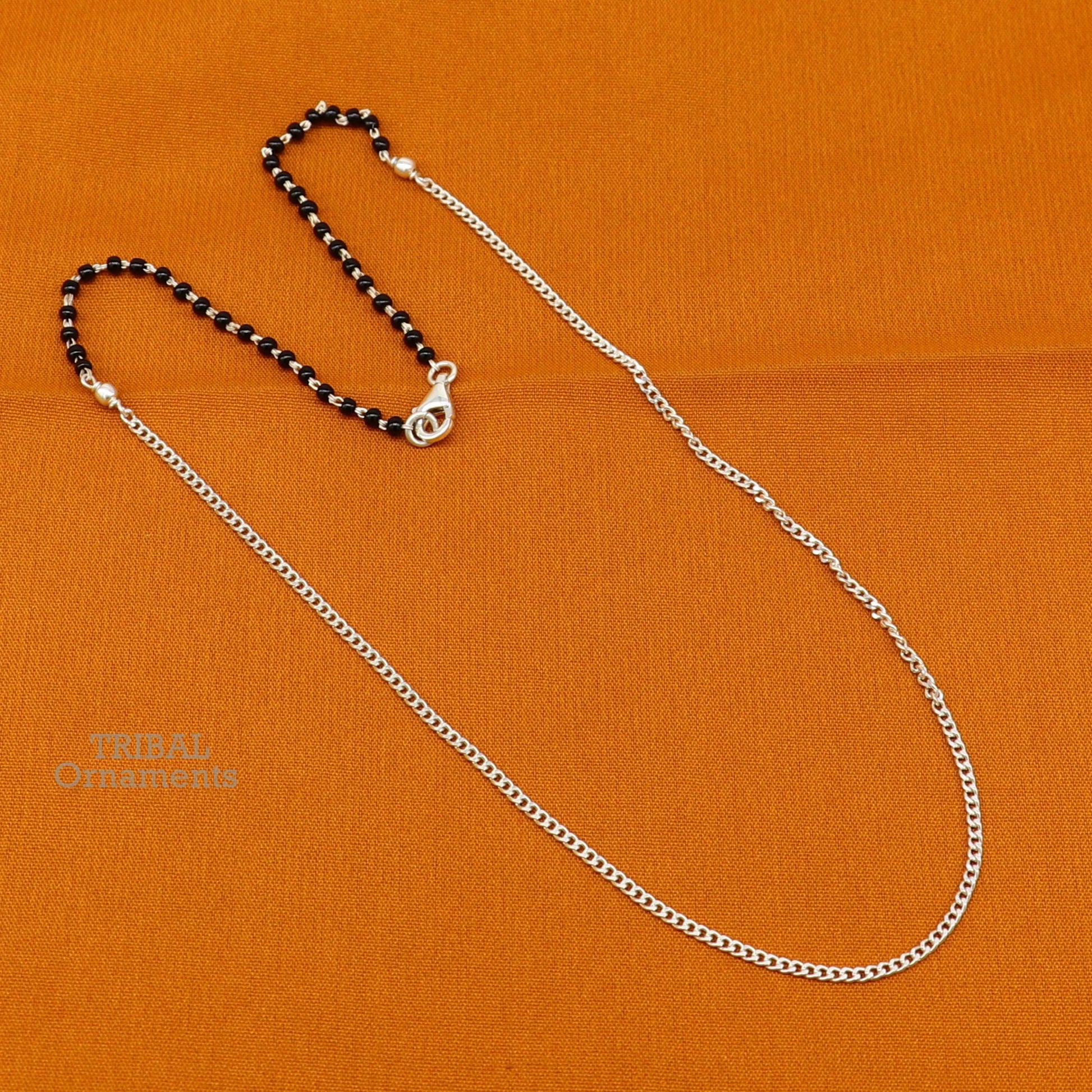 Pure 925 sterling silver black beads with Cuban chain necklace, traditional style brides Mangalsutra style chain necklace set446 - TRIBAL ORNAMENTS