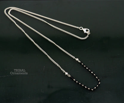 Sterling silver black beads with Cuban chain necklace, traditional brides Mangalsutra style jewelry by Tribal Ornaments.