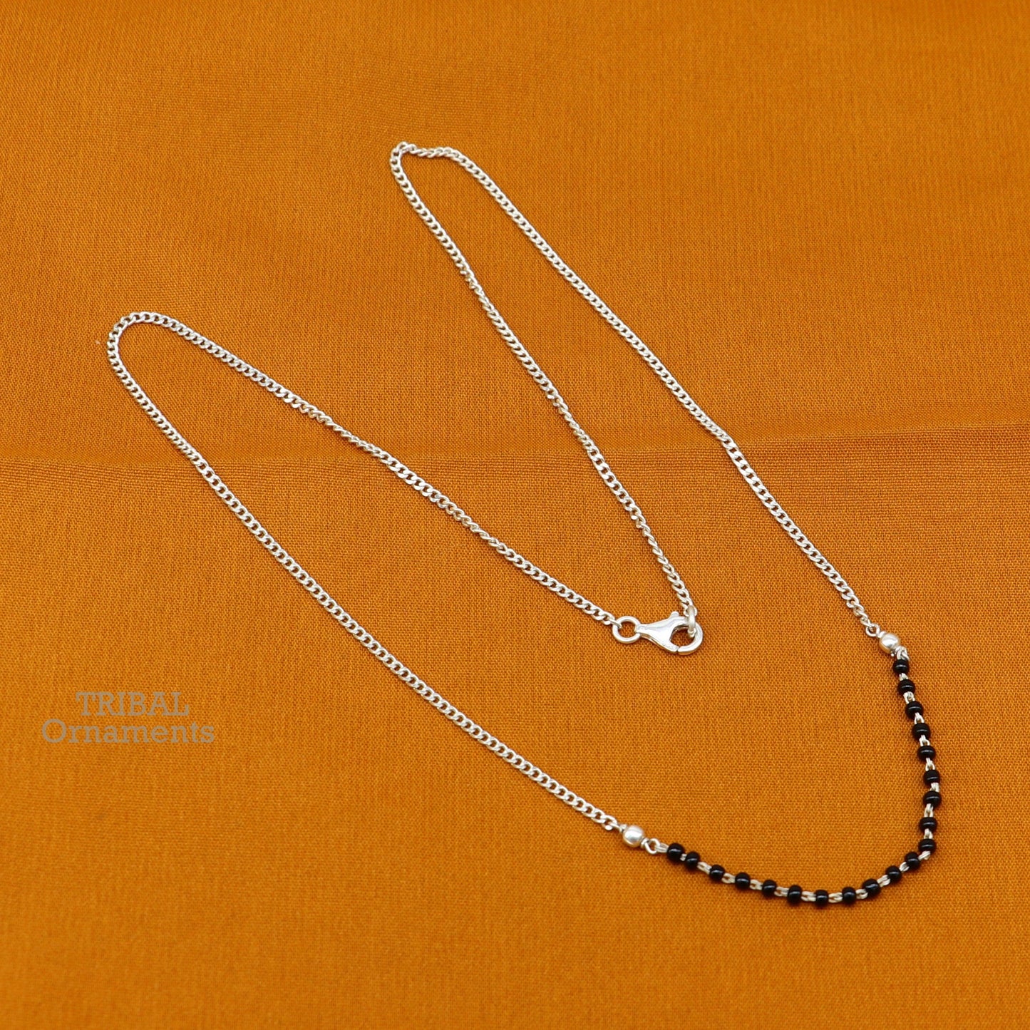 Pure 925 sterling silver black beads with Cuban chain necklace, traditional style brides Mangalsutra style chain necklace set447 - TRIBAL ORNAMENTS