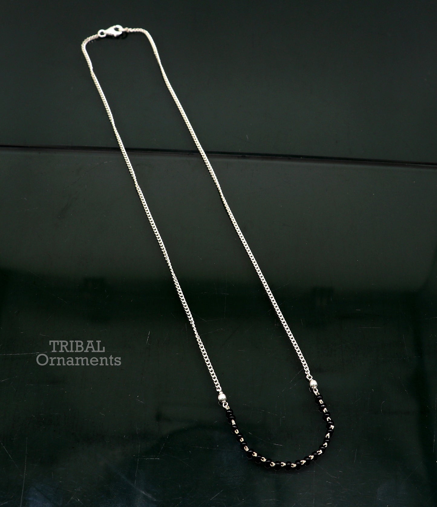 Pure 925 sterling silver black beads with Cuban chain necklace, traditional style brides Mangalsutra style chain necklace set447 - TRIBAL ORNAMENTS