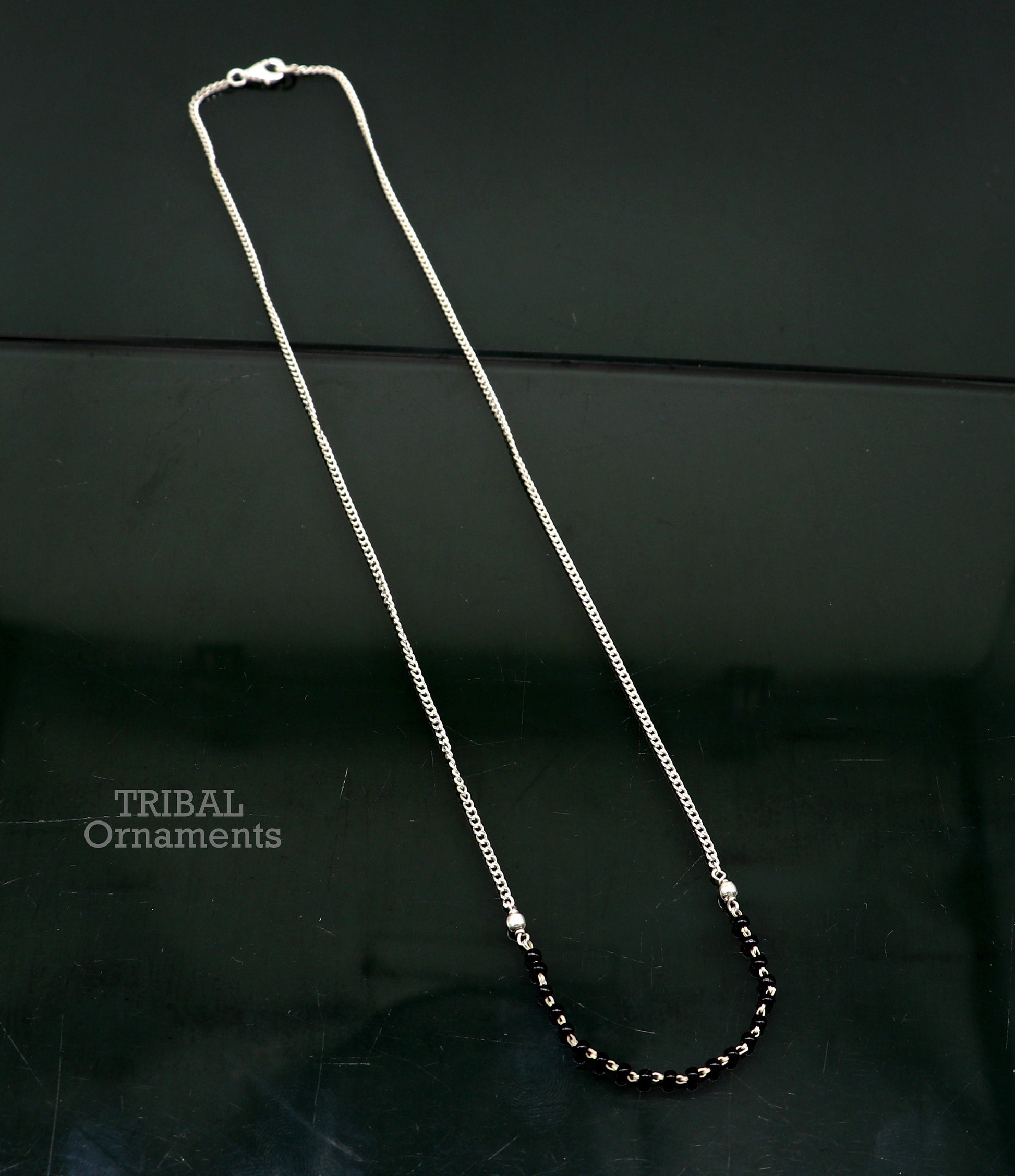 Pure 925 sterling silver black beads with Cuban chain necklace, traditional style brides Mangalsutra style chain necklace set447 - TRIBAL ORNAMENTS