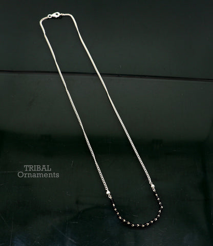 Sterling silver black beads with Cuban chain bridal Mangalsutra necklace set by TRIBAL ORNAMENTS, traditional Indian jewelry style.